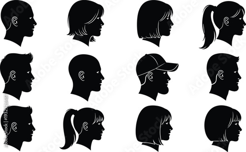Silhouettes of human head profiles diverse hairstyles headwear male female ponytail bob haircut bald bearded cap illustration