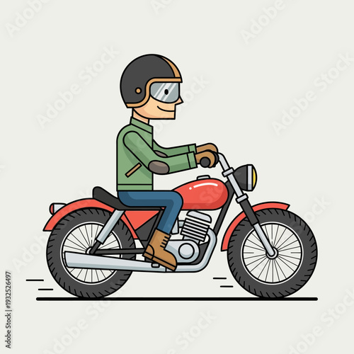 Man riding a red motorcycle with helmet and green jacket, side view, motion blur effect