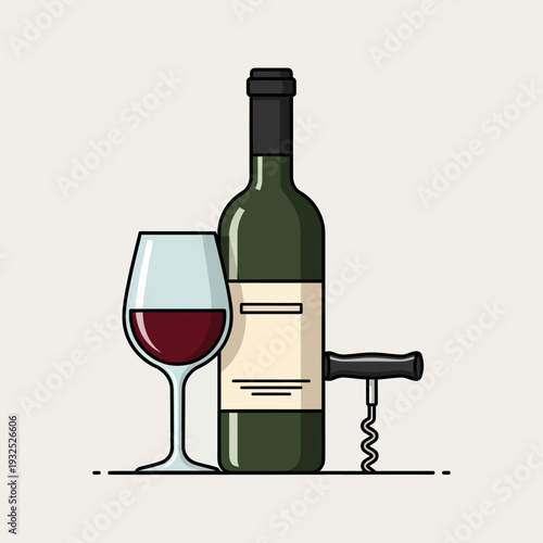 Wine Bottle, Glass with Red Wine, and Corkscrew on Light Background