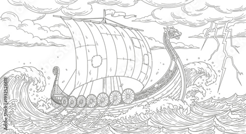 Viking ship sailing through rough waters.