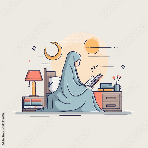 Muslim Woman Reading Quran in Bed at Night