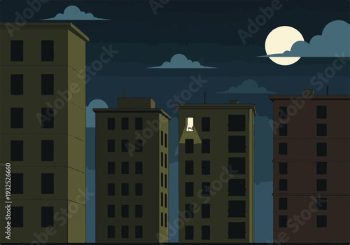 Night city skyline with buildings, full moon, and a single lit window
