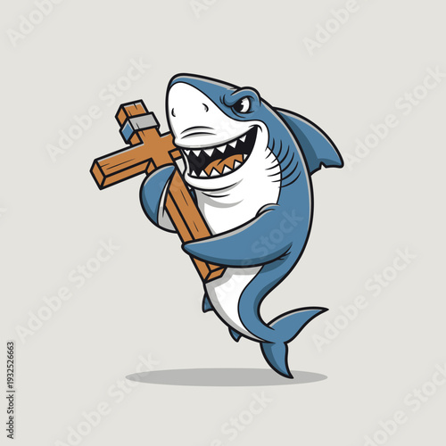 Christian Shark Holding Wooden Cross, Funny Religious Animal Character Illustration