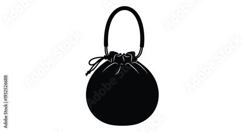 A minimalist black silhouette of a drawstring pouch bag with a rounded shape and looping handle silhouette high quality