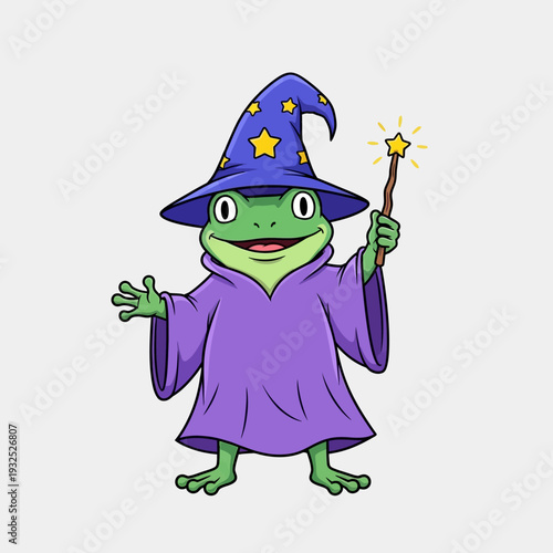 Cute Frog Wizard Holding Magic Wand, Cartoon Character