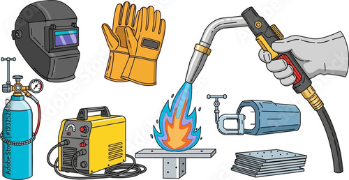 A collection of essential welding equipment and safety gear including a helmet, gloves, torch, gas cylinder, and welding machine.