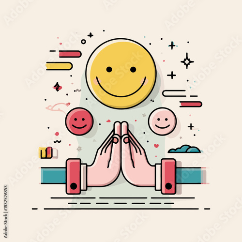 Praying Hands with Smiling Faces and Abstract Shapes