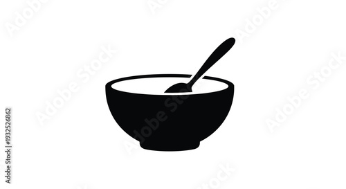 A minimalist black silhouette depicts a round bowl with a spoon inside showcasing simple kitchenware silhouette high quality professional