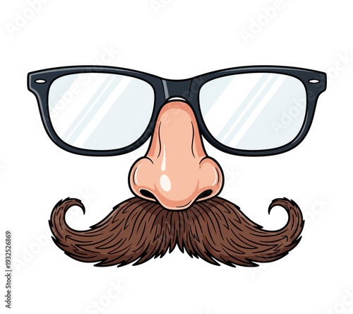 Humorous cartoon illustration of a disguise featuring black-framed glasses, a large fake nose, and a bushy brown mustache.