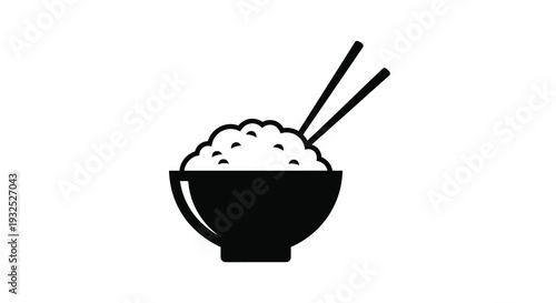 A simple black and white illustration depicts a bowl of rice with chopsticks creating a striking silhouette high quality