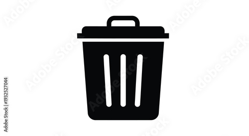 A stark black silhouette of a waste container with a hinged lid representing disposal and recycling silhouette high quality