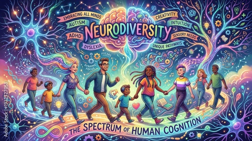 Illustration of diverse people walking along a vibrant path of light and symbols, neurodiversity concept, inclusive community, cosmic background.