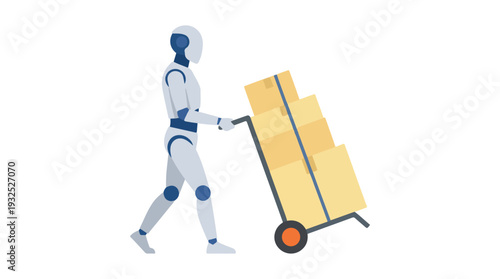 Modern AI robot pushing a hand truck loaded with delivery boxes