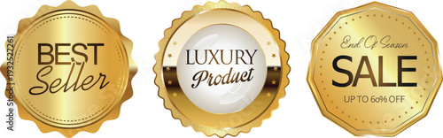 Golden labels for best seller, luxury product, and sale promotions