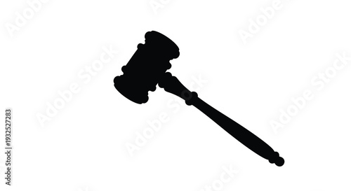 A stark black silhouette of a traditional gavel resting diagonally against a plain white background silhouette high quality professional