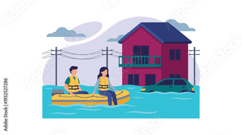 Flood disaster illustration with people in boat, submerged house and car