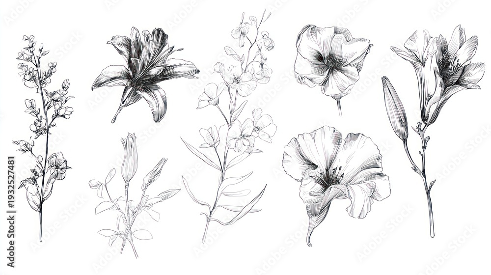 Obraz premium Botanical illustration of assorted plant species in detailed black and white