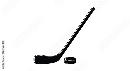 A stark black silhouette of a hockey stick and puck presented on a clean white background silhouette high quality