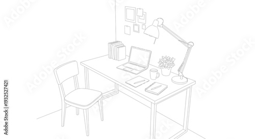 Desk with laptop and office supplies.