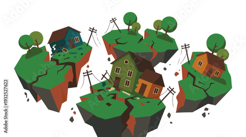 Houses on cracked floating land, natural disaster and destruction concept