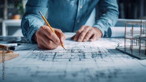 Close up of hands drawing on blueprint with pencil design and construction concept