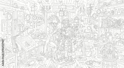 Detailed line drawing of a cluttered room.