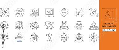 Artificial intelligence line icon set featuring AI, machine learning, generative AI, chatbot, robotic brain, automation, and data analysis. Modern minimal vector collection for tech, apps, UI design