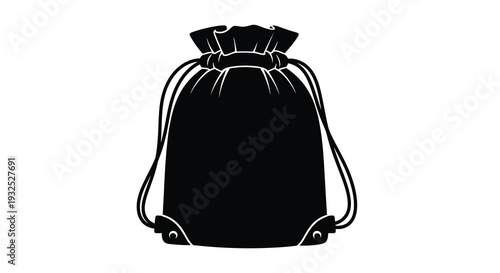 A minimalist depiction of a drawstring pouch rendered in a stark black and white contrast silhouette high quality professional
