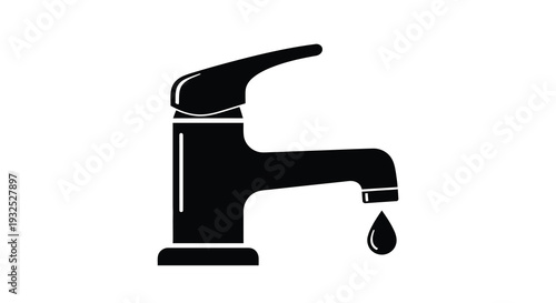A stark black silhouette of a modern bathroom faucet with a single water droplet highlighting minimalist design silhouette
