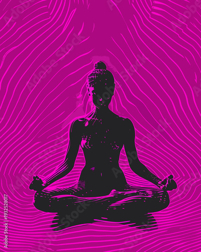 Woman sitting in lotus position with vibrating energy lines flat vector illustration