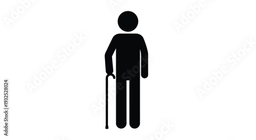 A stark black silhouette of an elderly person using a walking cane for support and mobility silhouette high quality