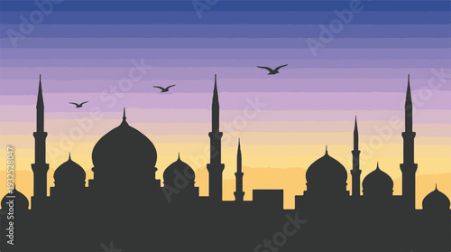 Islamic city silhouette with mosques and minarets against sunset sky