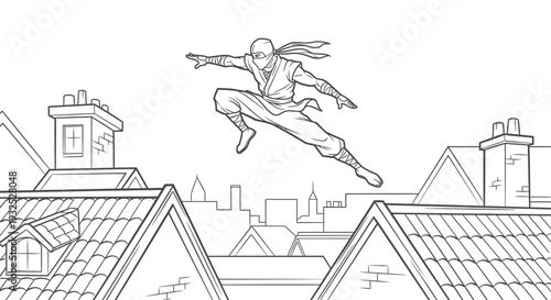 Man in superhero costume jumping across rooftops.