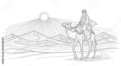 Man Riding Camel Through Desert Landscape.