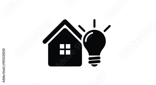 A sleek black silhouette depicts a house and a glowing lightbulb symbolizing smart home technology and innovation silhouette