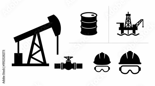 Oil Gas Industry Silhouette Icons Vector Set, Pump Jack Barrel Offshore Rig Pipeline Valve Safety Equipment Hard Hat Goggles Energy Extraction Production Graphic Design Vector