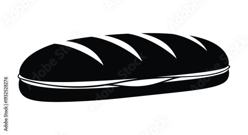 A striking black and white illustration depicts a baguette showcasing its crust and shape in silhouette high quality professional