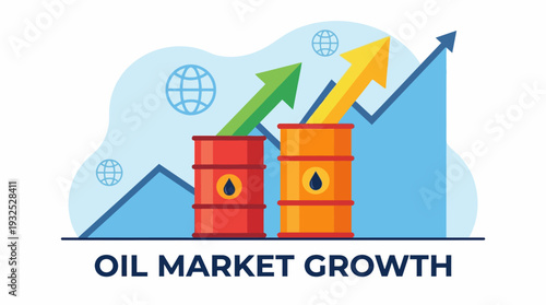Rising Oil Prices Market Growth Vector Illustration, Economic Finance Chart with Coins, Dollar Signs, Barrels, Upward Arrows, Green Line Graph, Business Investment Trend Vector
