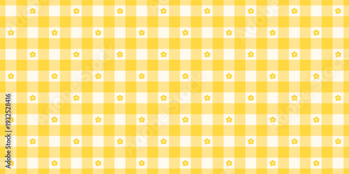 Yellow gingham or vichy seamless pattern with daisy. Cute spring time background with flowers. Repeating print for textile and fabric. Tablecloth texture. Vector illustration