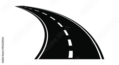 A sharply curving black road with dashed white lane markings stretches into the distance a striking silhouette high quality