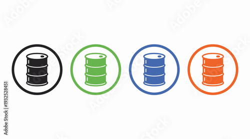 Colored Barrel Icons Vector Illustration, Black, Green, Blue, Orange Circular Containers, Petroleum Oil Chemical Waste Storage Symbol, Industrial Energy Resource Graphic Design Vector