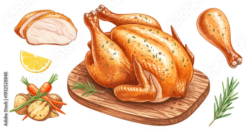 ローストチキンのイラストセット（丸鶏・レッグ・スライス・付け合わせ野菜）,クリスマス,ごちそう,水彩風, キャンプ