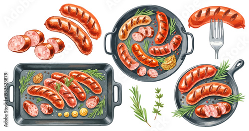 グリルソーセージのイラストセット（スキレット・フォーク・マスタード・ハーブ）,BBQ,おつまみ,手描き風