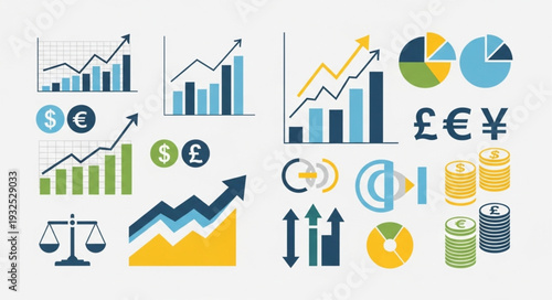 Financial charts and currency symbols representing economic growth and market analysis.