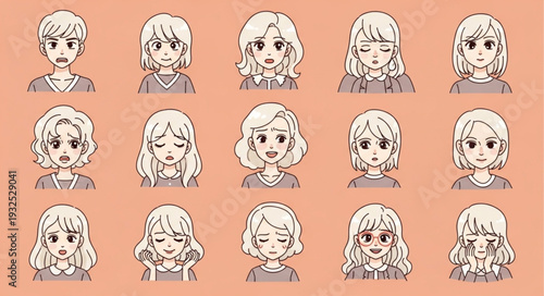 Collection of various anime-style female faces with different expressions and hairstyles.