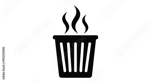 A simple black silhouette depicts a waste container with rising steam or smoke illustrating disposal or heat silhouette