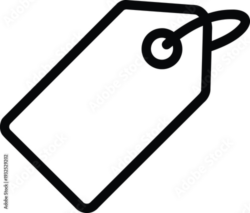 A simple black and white line drawing depicts a tag commonly used for labeling or pricing with a string attached high-quality professional detailed modern elegant