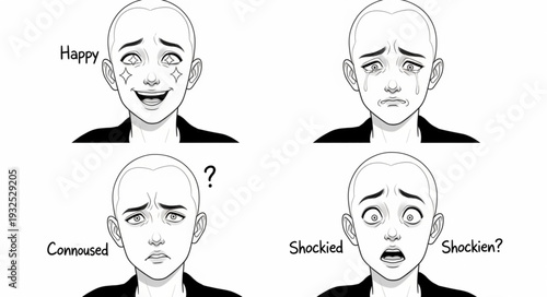 Facial expressions of a person depicting different emotions and feelings.