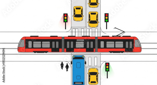 Red Tram Passing Through City Intersection.