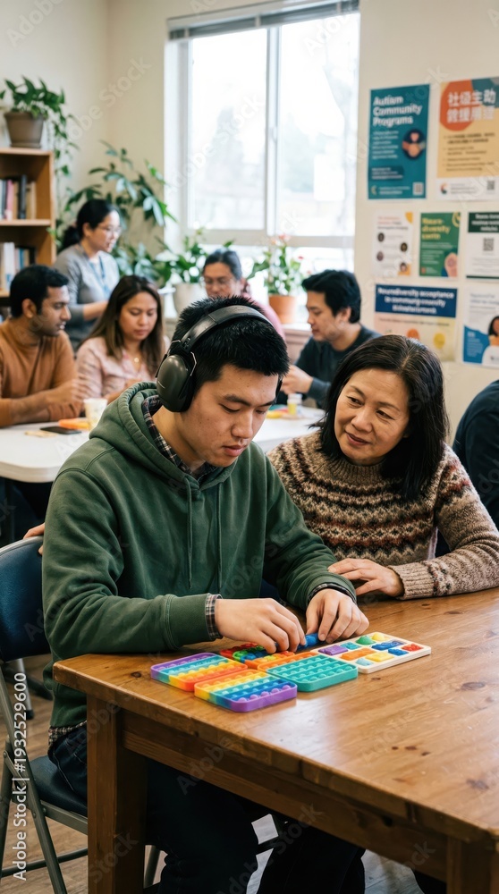 Obraz premium Young man and woman sitting at a table in a classroom or library setting, collaborative learning, student interaction, academic environment.